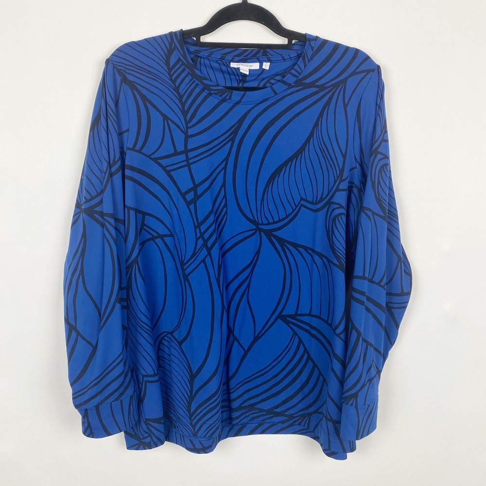 Chico's Abstract Print Athletic LS Crew Neck Top Womens XL Chicos 3 Blue Black